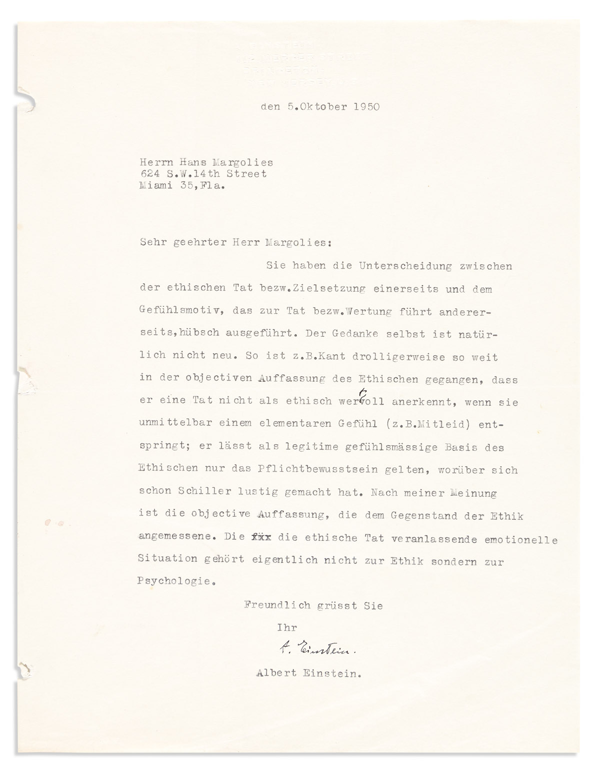 (SCIENTISTS.) EINSTEIN, ALBERT. Two Typed Letters Signed, A. Einstein, to aphorist Hans Margolius, in German.
